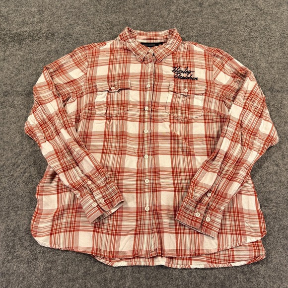 Harley Davidson Shirt Womens 2W Orange Plaid Embroidered Logo Flannel Biker Moto - Picture 2 of 14